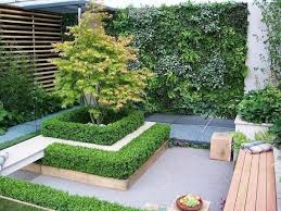 Wooden Bench Trees Plants Wall Short Hedges Garden Decoration Ideas Lots Of Greenery In 2020 Roof Garden Design Terrace Garden Design Backyard Garden Design