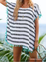Black And White Striped Swimsuit Cover Up Black White Stripe Tassel Chiffon Beach Bikini Cover Up Chiffon Beachwear Fashion Swimwear Cover