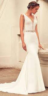 Simple Satin V Neck Neckline Mermaid Wedding Dress With Beadings Belt Simpleelegantweddingdress Wedding Dresses Wedding Dresses Simple Wedding Dresses Satin