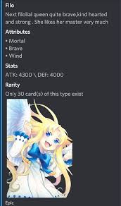 Be the first to vote for this bot! Discord Anime Card Collecting Dueling Bot Featuring Over 1 000 Different Characters Your Beloved Filo Included Link Http Kadobot Xyz Filo
