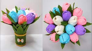 Ini cara membuat bunga dari kertas krep yang mudah. Cara Membuat Buket Bunga Tulip Dari Kertas Krep Crepe Paper Flower Youtube