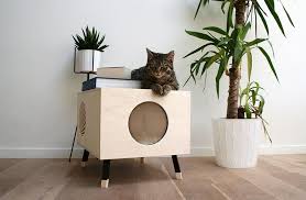 This Modern Cat Bed Table Named Nest Is Made From High End Plywood And As The Design Of The Table Is M Wooden Cat House Modern Cat Bed Modern Pet Furniture