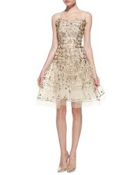 Oscar De La Renta Gold Sequin Embroidered Flare Dress Gold Evening Dresses Gold Cocktail Dress Fashion