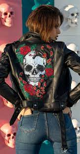 Crystal Skull Roses Biker Jacket Black Leather Jacket Leather Jackets Women Womens Black Leather Jacket Leather Jacket Style