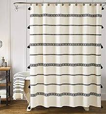 Striped Black And Cream Curtains Amazon Com Yokii Tassel Fabric Shower Curtain Black And Beige Stripe Print Boho Polyester In 2020 Boho Shower Curtain Fabric Shower Curtains Farmhouse Shower Curtain