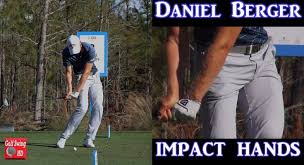 If i show you this in slow motion, as the club's still rising up towards the top of the backswing, as he gets to about shoulder height with his hands, the club keeps going, but his legs are already starting into the downswing. Daniel Berger Slow Motion Hands Thru Impact Iron Golf Swing 1080 Hd Golf Tips Videos