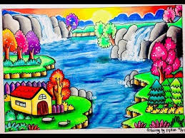 Cara Menggambar Pemandangan Air Terjun Dan Gradasi Warna Oil Pastel Youtube Lukisan Hewan Pemandangan Gambar