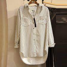 Tips memilih model baju wanita gemuk dengan memilih busana bermotif garis vertikal tipis. Wanita Kemeja Musim Semi Baru Garis Garis Vertikal Kemeja Lengan Panjang Bottoming Kemeja Longgar Panjang Busana Rekreasi Kemeja Wanita Pakaian Ladies Shirts Fashion Shirt Womenshirt Women Aliexpress