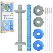Amazon.com : Teething Tube with Safety Shield Baby Hollow Teether Sensory  Toys Gum Massager, Food-Grade Silicone for Infant 3-12 Months Boys Girls, 1  Pair with 4 Cleaning Brush Included (Blue+Grey) : Baby