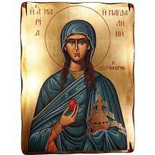 Όταν πληροφορήθηκε για τον χριστό, πήγε κοντά του και απαλλάχθηκε από τα επτά δαιμόνια που την ενοχλούσαν και στην συνέχεια έγινε μαθήτρια του. Eikona Agia Maria H Magdalhnh Eyaggelidhs D Hlias
