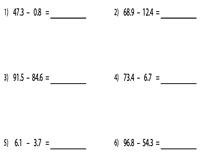 In this adding and subtracting decimals worksheet, students add or subtract tenths, hundredths, and thousandths with regrouping using pencil and paper and mental math, then solve two word problems. Decimal Horizontal Subtraction Worksheets