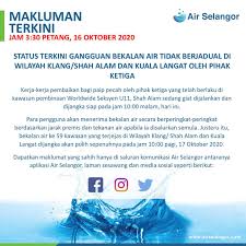 Kali ini, sebanyak 274 kawasan yang terdiri daripada 300,000 orang isi rumah terkesan dengan gangguan bekalan air secara tidak berjadual akibat kes tersebut. Air Selangor Status Terkini Gangguan Bekalan Air Facebook