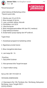 Pt torabika eka semesta adalah salah satu anak perusahaan dari mayora group yang dikhususkan pada devisi pengolahan kopi dan sereal. Lowongan Kerja Karyawati Marketing Online Yayasan Aswirusani Rembang Lowongan Rembang