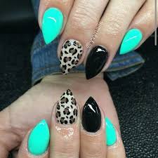 Black And Teal Stiletto Nails Teal Blue Black And Leopard Short Stiletto Nails Rockabilly Nails Teal Nails Pointy Nails