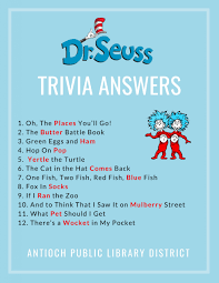 This covers everything from disney, to harry potter, and even emma stone movies, so get ready. Dr Seuss Trivia Answers Antioch Public Library District