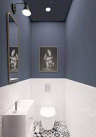 Pin to your favorite bathroom board and use as inspiration for upcoming makeover. Bathroom Ideas Small Spaces Budget Bathroom Ideas Navy Blue Bathroom Rack Across Bathroom Light Fixt Blue Wall Colors Bathroom Interior Design Small Bathroom