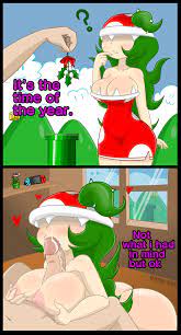 1boy 1girls ? areolae ass breasts christmas cleavage clothing  comic covered eyes cum cum in mouth dodo-bot dress english text fellatio  female female focus green hair heart human humanoid