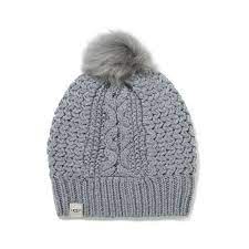 Ugg Australia Cable Knit Nyla Beanie With Fur Pom Grey Cable Knit Fur Pom Pom Knit Beanie