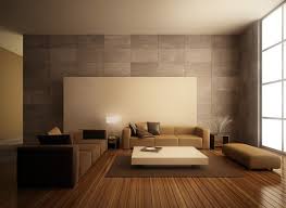 Minimalist Modern Brown Living Room Design Ideas With Large Sized Tiles Concrete Wall And Soft Beige Wall Paneling Plus Open Shelves Natural Wooden Side Tables