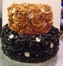 Perfect for your next photo session, party decorations, and home decor. Black Gold Rosette Frosted Cake Decorated By Coast Cakes Ltd Cake Rosette Cake Gold Birthday Cake