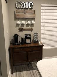 Coffee station table with mini fridge. Coffee Station Coffee Bar Cafe Keurig And Nespresso Home Coffee Stations Coffee Station Coffee Bars In Kitchen