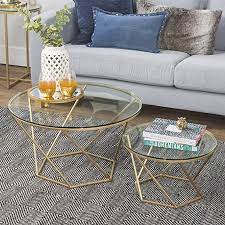Nesting tables are a series of end tables in a matching style that fit beneath each. Amazon Com New Geometric Glass Nesting Coffee Tables In Gold Kitchen Dining Nesting Coffee Tables Gold Coffee Table Round Glass Coffee Table
