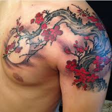 Red Blossom Tattoo By Kim Saigh At Memoir Tattoo Blossom Tattoo Floral Tattoo Cherry Blossom Tattoo Men