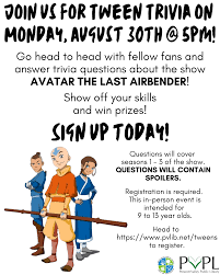 The last airbender, as asked by users of funtrivia.com. Tween Trivia Avatar The Last Airbender Yavapai Library Network
