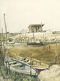Thunderstruck9 Tsuguharu Foujita Japanese French 1886 1968 Barques A Maree Basse Boats At Low Tide 1957 Oil On Canvas 34 X Art Day Art Sothebys Art