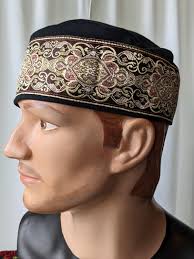 Black Polar Fleece Kufi Cap With Wide Satin Brocade Trim