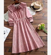Japanese Mori Girl Autumn Spring Women Sweet Dress Peter Pan Collar Print Ribbon Loose Vestidos Apricot Pink Corduroy Midi Dress Dress Styles For Women Sundress Sweet Dress Peter Pan Collar Dress