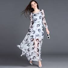 Print Summer Dress Long Sleeve Casual Silk Dress Boat Neck Light Blue Maxi Dress Full Length Dress Maxi Dress Printed Maxi Dress