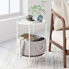 Nathan James Oraa Rustic Oak Tray Top White Metal Frame Nightstand With Fabric Basket And Rope Handles 32203 Side Table With Storage Side Table Wood Tray Table