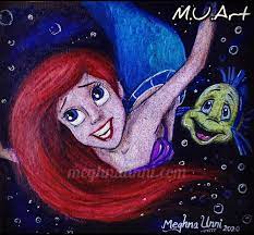 There are also some detailed drawings for big kids, with intricate scales to color and lots of strands of flowing hair! Ariel From The Little Mermaid Pencil Color Painting On Black Sheet Meghnaunni Com