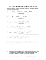 *combination (synthesis) *decomposition *single displacement (single replacement). Six Types Of Chemical Reaction Worksheet