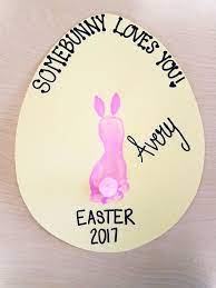 If you want to play with colors a little bit more, you could create easter cards using your baby's footprints. Easter Bunny Footprint Infant Art Projects Baby Art Projects Easter Crafts For Kids Diy Easter Cards
