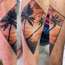 Man With Dramatic Palm Tree Sunset Tattoo On Forearm Jpg 600 600 Sunset Tattoos Tattoos For Guys Tattoos