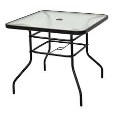 Black Square Patio Glass Top Table With Umbrella Hole Tempered Glass Steel Frame Outdoor Lawn Resin Patio Furniture Square Patio Table Tempered Glass Table Top