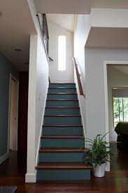 So Many Good Things Going On Here Like The Lovely Blue Color On The Stairs With The Wood The Window And The Potted P Rehab House House Stairs Stairs Colours