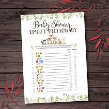 I have made all these emoji games in three different themes and designs baby elephants, woodland animals, bear. Fun Baby Shower Emoji Game Ideas Printables