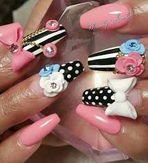 Black And White Striped Nails Coffin Pink Black And White Striped Bow Floral Nails Swan Nails Floral Nails Valentines Nails Bling Nails