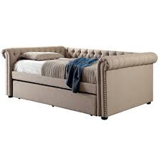 Fossil grey trundle bed featuring tufting. Melly Tufted Upholstered Queen Daybed With Twin Trundle Beige Homes Inside Out Target