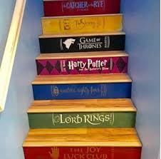 Turn Your Boring Stairs Into A Masterpiece Choose Your Favorite Titles And We Will Design Them For You Stair Riser Decals Book Staircase Stair Decals