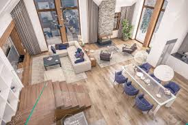 The combination of space can be performed successfully, if correctly used by design techniques to implement the conceived tasks. 3d Rendering Of Living Room Kitchen And Dining Room And Stair Are Combined In One Area Of Chalet The Interior Is Decorated With Wood And Natural Materials Stock Photo Picture And Royalty