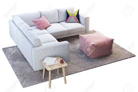 Our custom ottomans let you pick the shape, dimensions, fabric, and style to fit your room. 3d Render Of White Fabric Corner Sofa With Beige Rug And Wooden Coffee Table On White Background Scandinavian Interior Furniture Set Stock Photo Picture And Royalty Free Image Image 138595029
