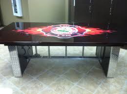 Custom Table Made For The Firehouse Roof Ladder Underneath With Diamond Plate Caps On The Legs Firefighter Decor Fireman Decor Firefighter Man Cave