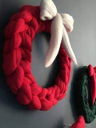Made with a flocked snowy garland, paper mache letters, craft paint and it's simply beautiful! Chunky Knit Merino Christmas Wreath Decor Knit Decor Christmas Wreaths White Christmas Wreath
