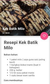 Melalui blog ini admin akan kongsikan kepada anda aneka pelbagai resepi kek untuk dapatkan update dan kemaskini resepi kek batik, anda boleh bookmark blog ini di browser anda, ataupun like facebook fan page: Resepi Kek Batik Dlya Android Skachat Apk