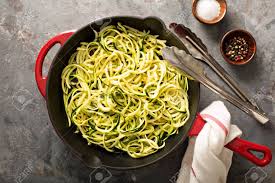 With this tool you can sculpt the zucchini into noodle like strands. Gekochte Spiralformige Zucchini Nudeln In Einer Gusseisen Pfanne Mit Draufsicht Niedrige Carb Schale Lizenzfreie Fotos Bilder Und Stock Fotografie Image 75822849
