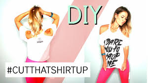 While cutting the hem, let the sides be shorter and the front longer. Diy How To Cut A Open Shoulder With Sleeves Shirt Cutthatshirtup With Carolina B Youtube